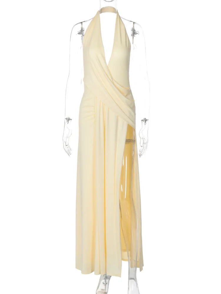 Halter Deep V Neck Backless Sexy Maxi Dress Women Gown Fashion Irregular Sleeveless Thigh High Split Club Party Dresses