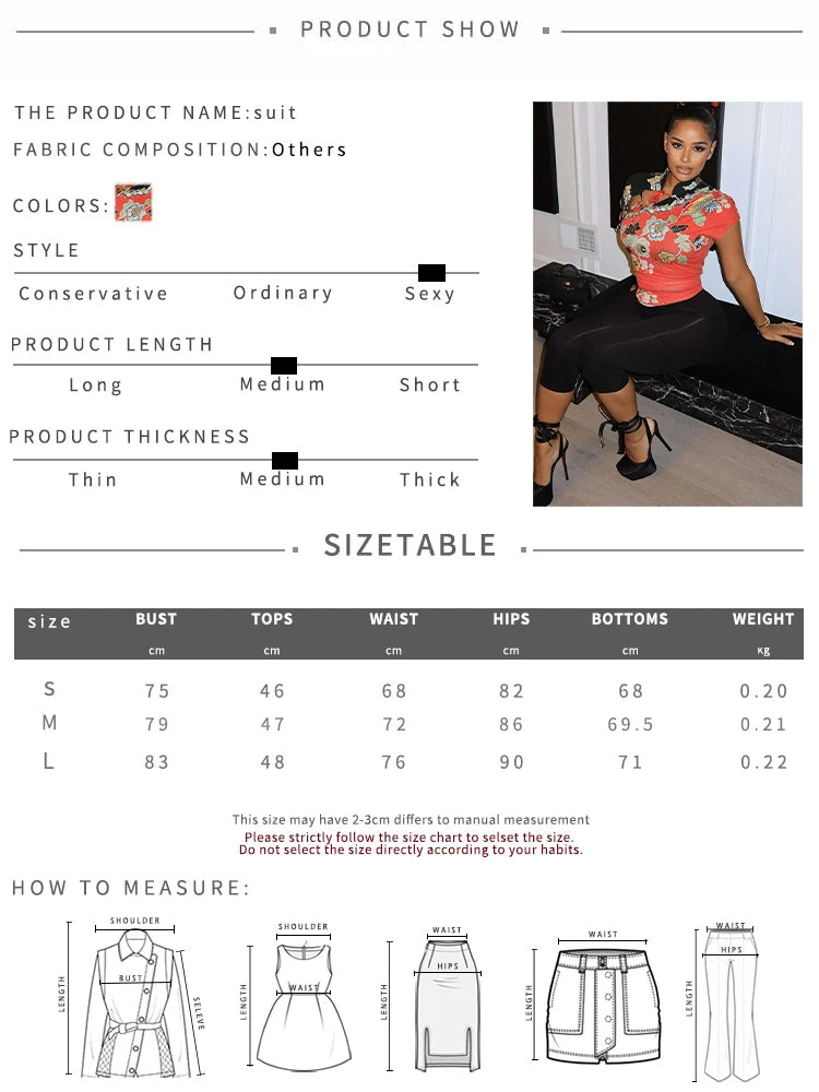 Floral Print Lace-Up Hollow Stand Collar Short Sleeve T-Shirts+Skinny Wrap Hip Crop Pants Woman Sexy Fashion Suits