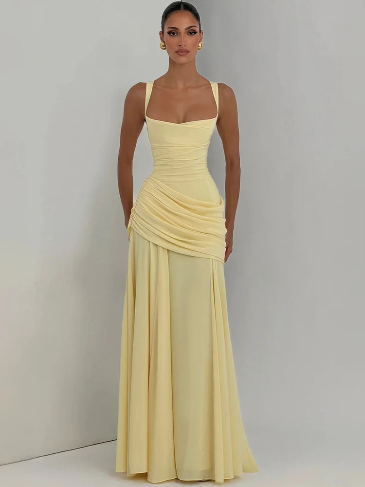 Square Collar Backless Sexy Maxi Dress Women Elegant Chiffon Sleeveless Bodycon Club Party Pleated Long Dresses