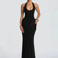 Halter Backless Sexy Maxi Dress Women Elegant V Neck Sleeveless Draped Ruched Bodycon Club Party Long Dress Female