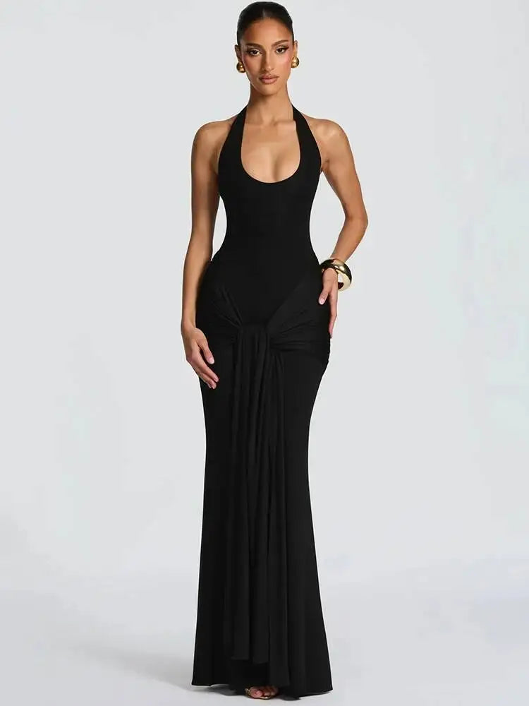 Halter Backless Sexy Maxi Dress Women Elegant V Neck Sleeveless Draped Ruched Bodycon Club Party Long Dress Female