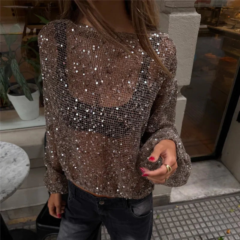 Y2K Glitter Sequins Mesh Sheer Long Sleeve Top Women Loose Bubble Cuff See Through Hollow Out Crop Blouse Summer Beach