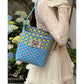 Colorful Checkered Woven Bucket Bag, Bohemian Handmade Tote Bag, Casual Summer Beach Bag for Women