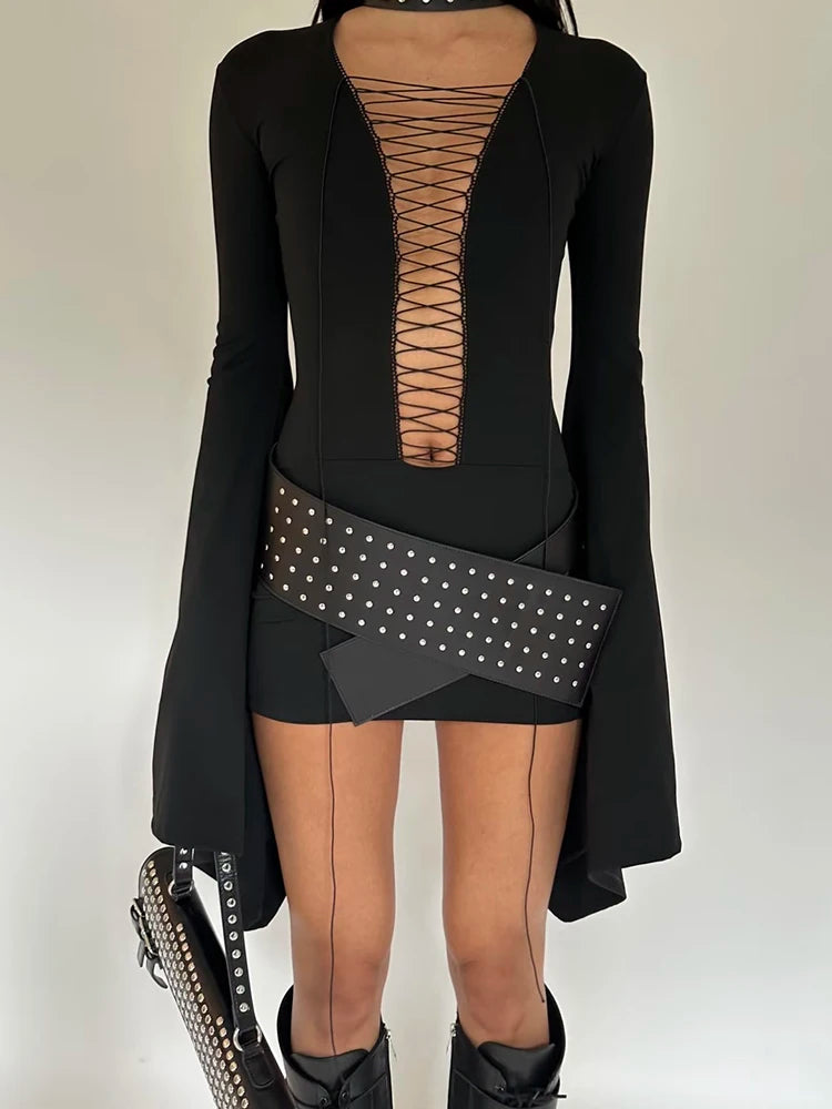 Coquette Shirring Dress Women Sexy Bell Sleeve Deep V-Neck Stretch Skinny Midnight Party Clubwear Y2K Hottie Bodycon