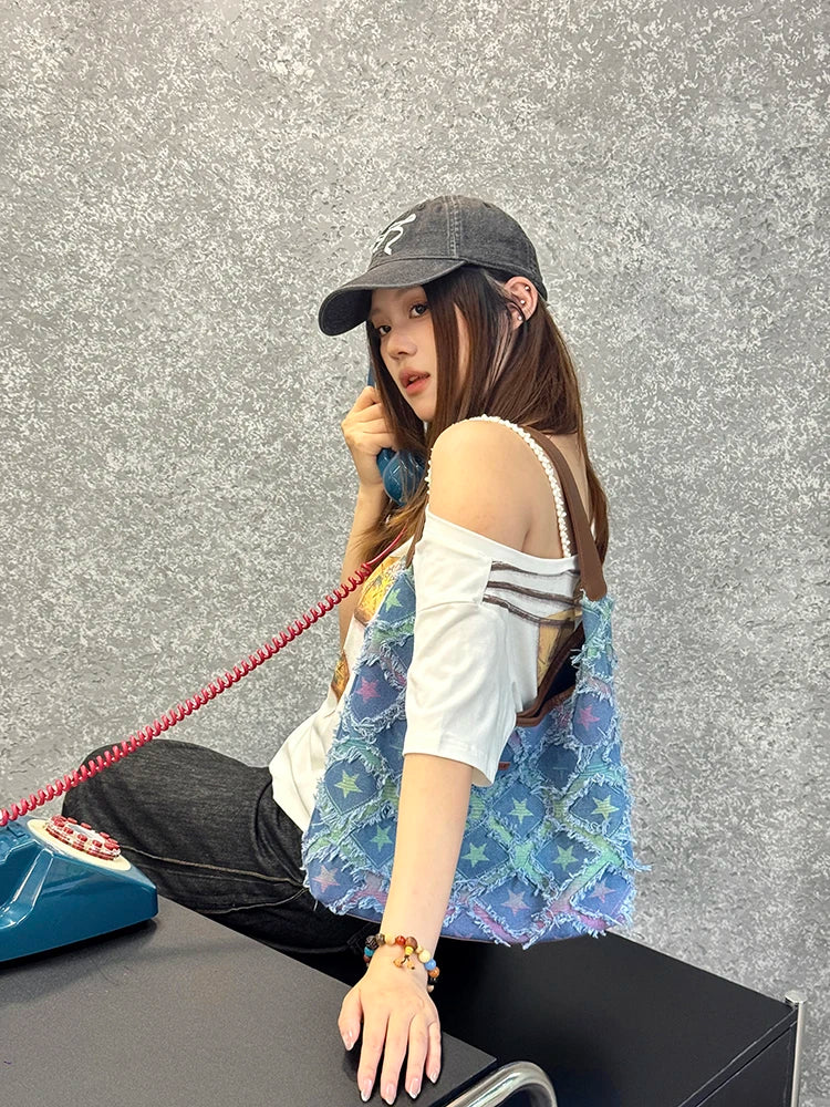 Women's Star Print Denim Hobo Bag, Gradient Color Fringed Shoulder Tote, Large Capacity Casual Aesthetic Shopper Bag