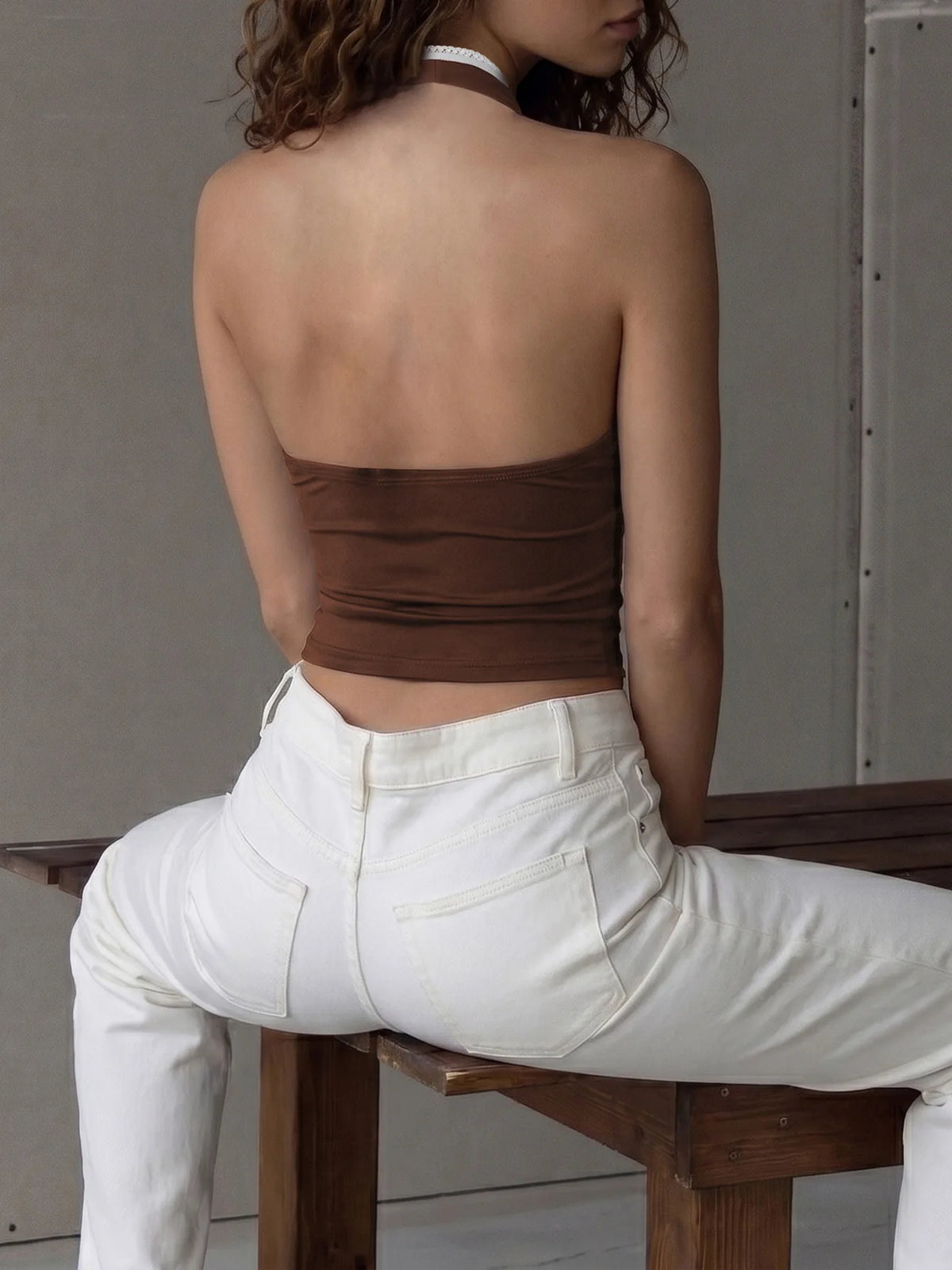 Bow Tie Lace Trim Deep V Halterneck Top Brown Tight Fitted Crop Tank Top New Arrivals 2026 Woman Clothing