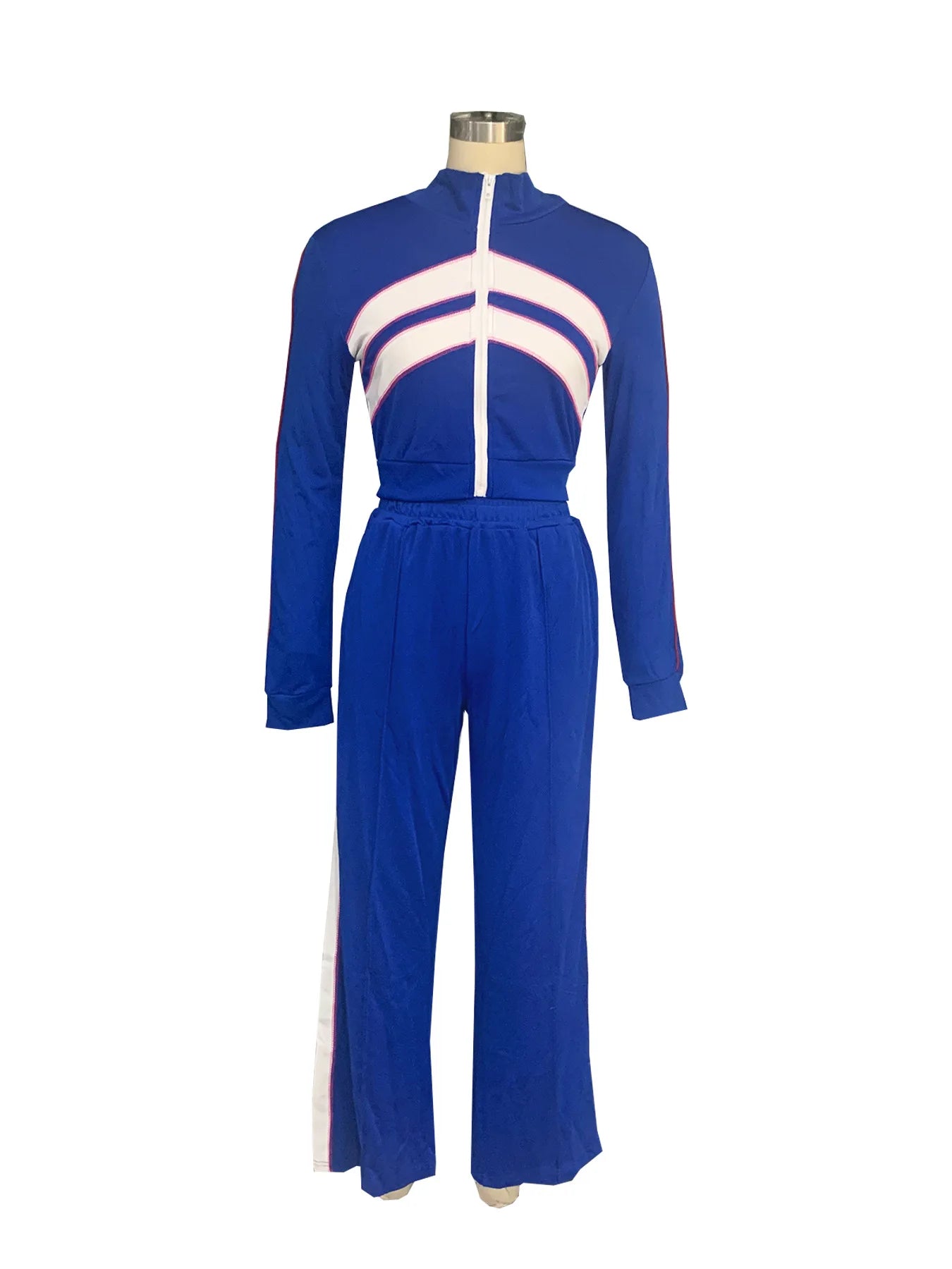 Contrast Patchwork 2 Piece Set Women Tracksuit Full Sleeve Zip Crop Jacket+Straight Pants Elastic Casual Streetwear