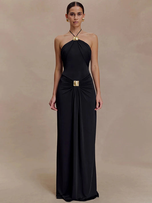 Halter Off-shoulder Backless Sexy Maxi Dress Women Elegant Metal Decoration Draped Ruched Bodycon Club Party Dress