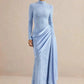 Women High Neck Long Sleeve Lace Sexy Maxi Dress Satin Drape Side Split Formal Evening Party Gown Wedding Guest Dress