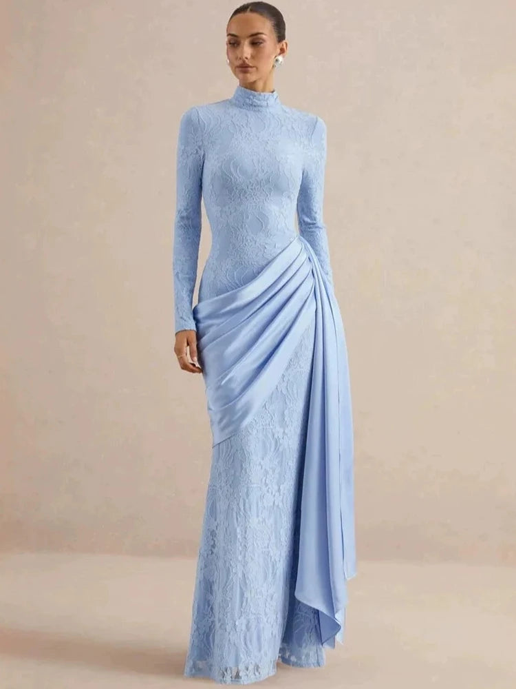 Women High Neck Long Sleeve Lace Sexy Maxi Dress Satin Drape Side Split Formal Evening Party Gown Wedding Guest Dress