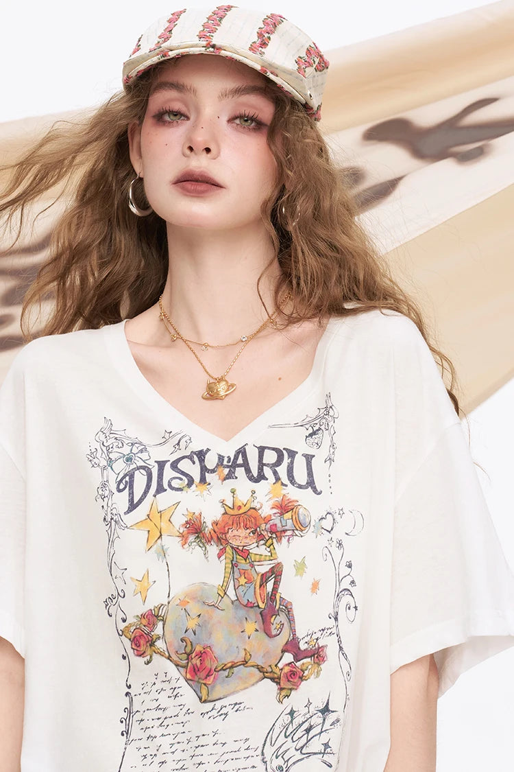 Playful Cartoon Print V-Neck Oversized T-Shirt, Drop Shoulder Casual Graphic Tee, Streetwear Loose Top for Women
