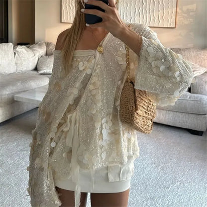 Women Sequin Cardigan Shirt Sparkly Long Sleeve Tie Open Front Shirts White V Neck Cardigans Top Going Out Streetwear