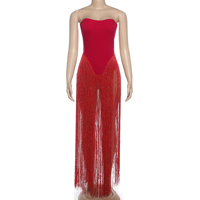 Strapless Fringed Long Maxi Dresses for Woman Fashion Clothing 2026 Red Black White Sexy Party Dresses