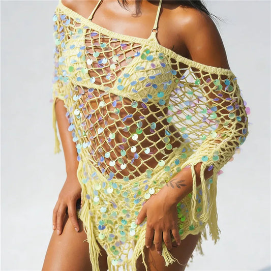 Women's Tassel Knit Ponchos Fashion Sequin Off One Shoulder Loose Fit Crochet Shrug Shawl for Casual Beach Wear