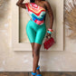Party 2-Piece Set Women Colorful Print Folds Slash Neck Tank Tops+Simple Solid Shorts Street Summer Sexy Fashion Suits