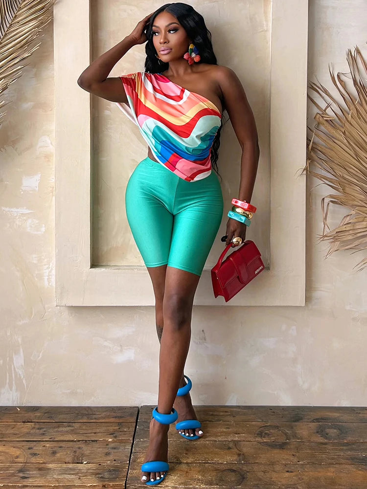 Party 2-Piece Set Women Colorful Print Folds Slash Neck Tank Tops+Simple Solid Shorts Street Summer Sexy Fashion Suits