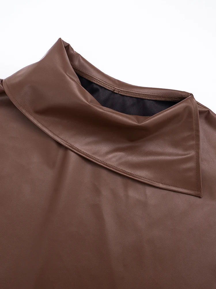 Sexy PU 2-Peice Set Women Turn-Down Collar Waistless Shawl+Zip Ribbon Skinny Peach Hip Skirt Matching Street Outfits