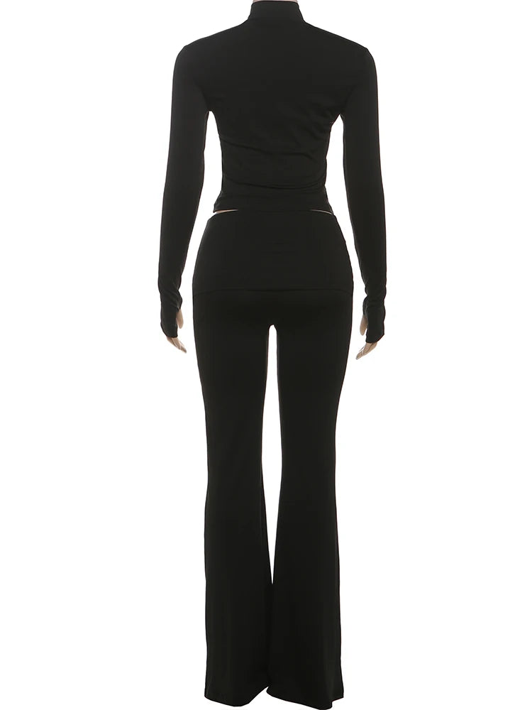 Casual 2-Piece Set Women Turtleneck Single-breasted hidden buttons crop tops+Elastic waist Flared pants sporty suits
