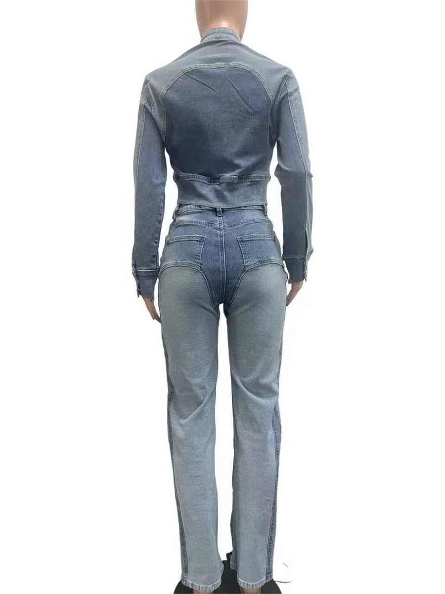 Casuals Denim 2 Piece Set Women Tracksuit Button Patchwork Full Sleeve Zip Crop Coat+Skinny Pants Autumn Trend Streetwear