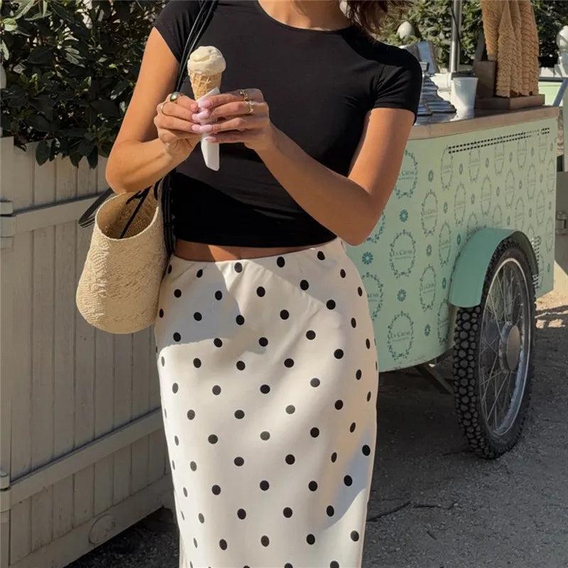 French Vintage Polka Dot Satin Skirt High Waist Silky Midi Skirt Elegant Retro Print For Women Summer Y2K Streetwear