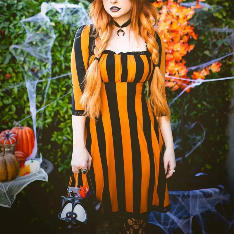 Gothic Striped Dress for Women Square Neck 3/4 Sleeve Lace Edge A Line Midi Dress Witch Cosplay Party Costume