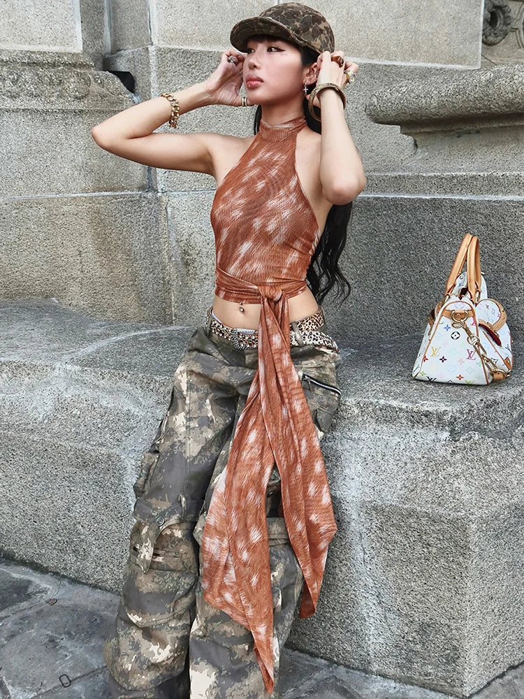 Lace-Up Tassel Tank Tops Women Y2K O-Neck Gradient Print Skinny Street Hip Hop Style Hottie Sexy Midnight Street Vest