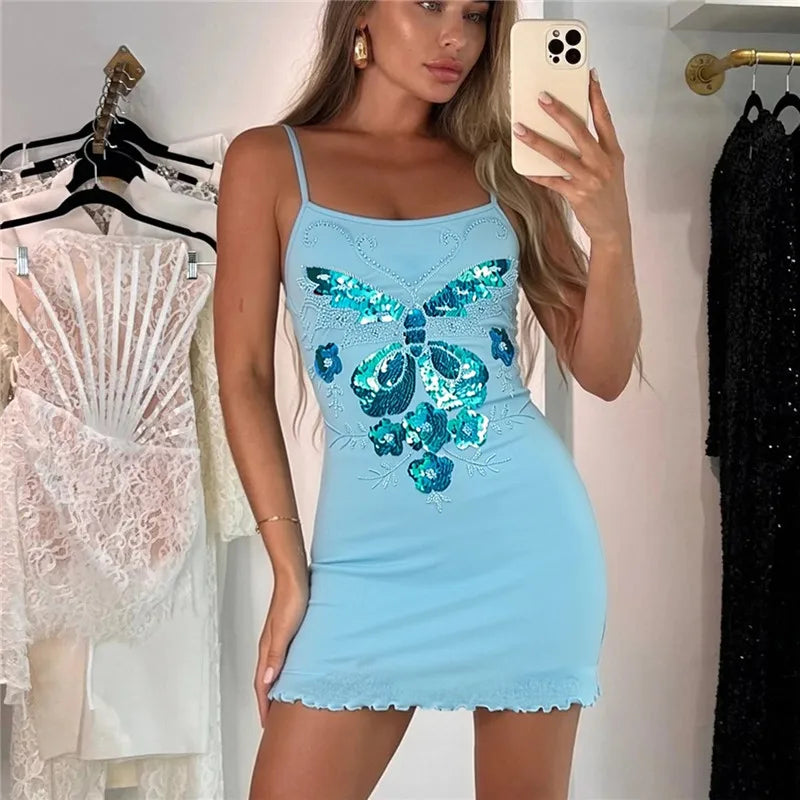 Women Y2K Sequin Floral Bodycon Mini Dress Spaghetti Strap with Ruffled Hem for Summer Vacation Party Streetwear