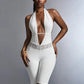 Sexy Backless Halter Romper Women Hottie Lace Patchwork Deep V-Neck Ruched Bandages Sleeveless Trend Party CLubwear