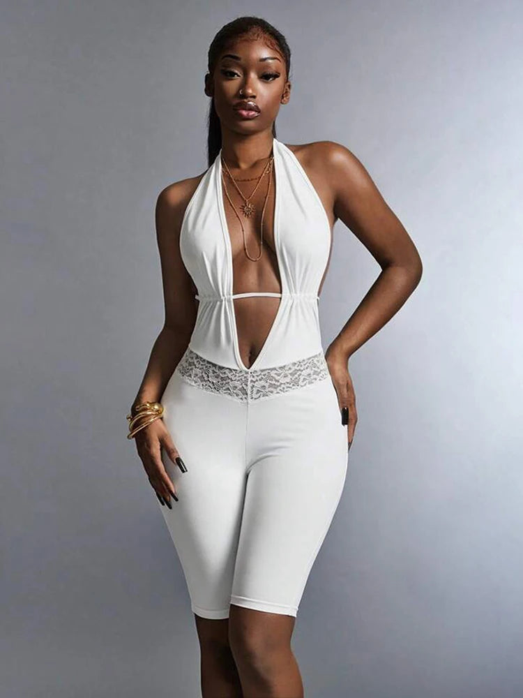 Sexy Backless Halter Romper Women Hottie Lace Patchwork Deep V-Neck Ruched Bandages Sleeveless Trend Party CLubwear