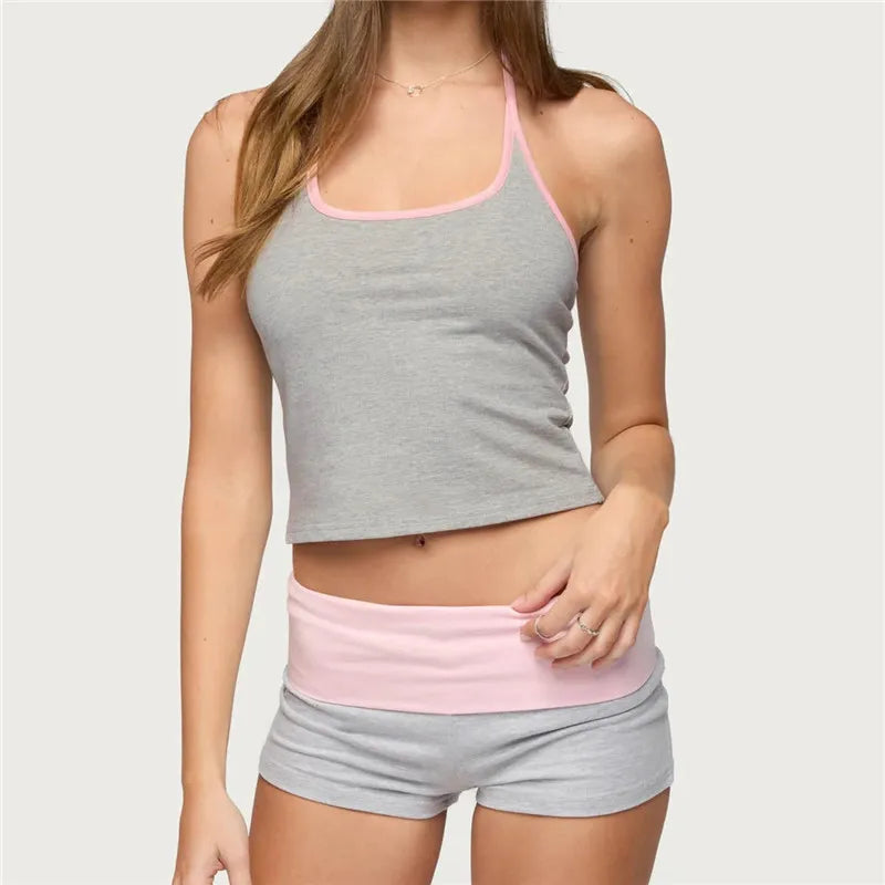Women 2 Piece Loungewear Set Gray Pink Contrast Trim Halter Neck Crop Top And Foldover Waist Mini Shorts Y2K Streetwear