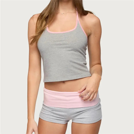 Women 2 Piece Loungewear Set Gray Pink Contrast Trim Halter Neck Crop Top And Foldover Waist Mini Shorts Y2K Streetwear