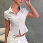 Women Striped Pleated Blouse Summer Y2k Aesthetic Single Breasted Slim T shirt Harajuku Grunge Fairy Cropped Blusas