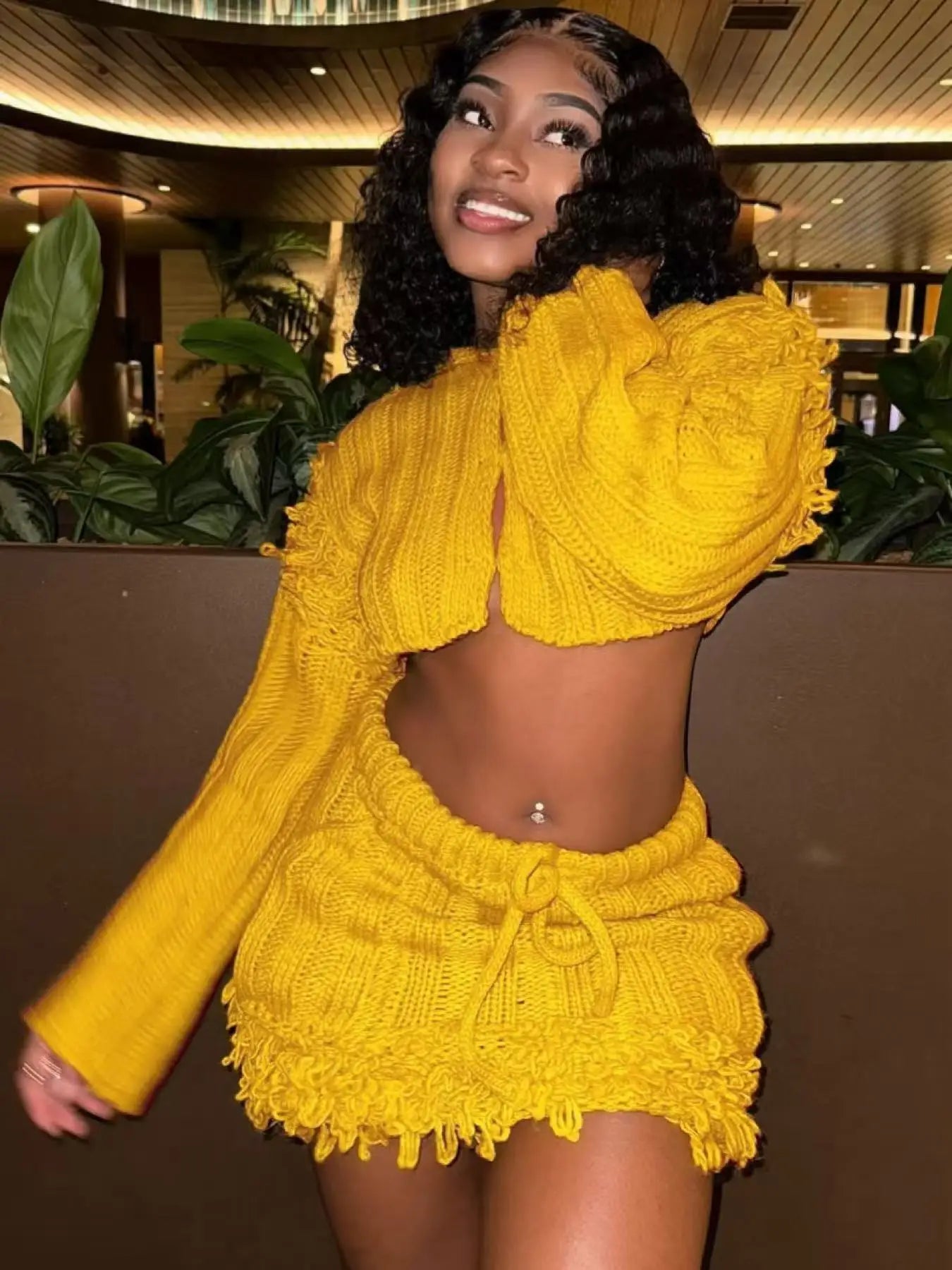 Sexy Knit Tassel 2-Piece Set Women Button Crop Cardigan+Drawstring Peach Hip Skirt Matching Stretch Skinny Outfits