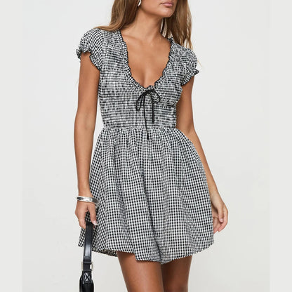 Women Y2k Gingham Playsuit Short Sleeve Smocked Babydoll Bodysuit Rompers Flowy A-Line Club Dress Retro Streetwear