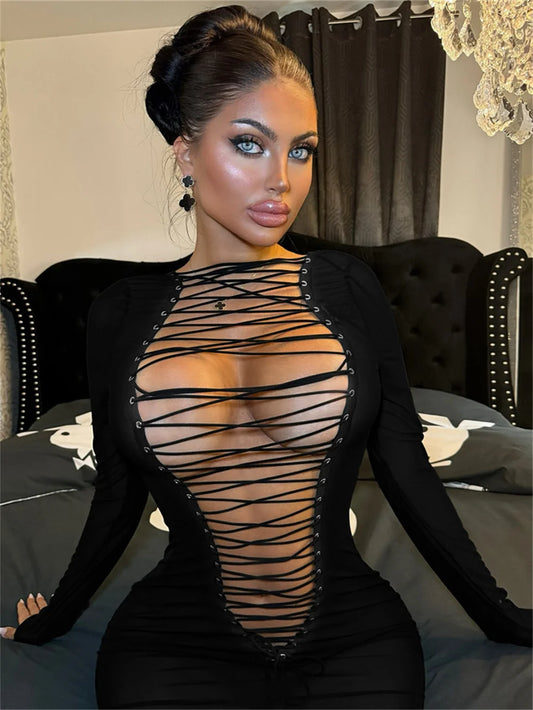 Hollow Shirring Sexy Dress Women Hipster Full Sleeve Coquette Midnight Party Clubwear Stretch Skinny Mini Bodycon