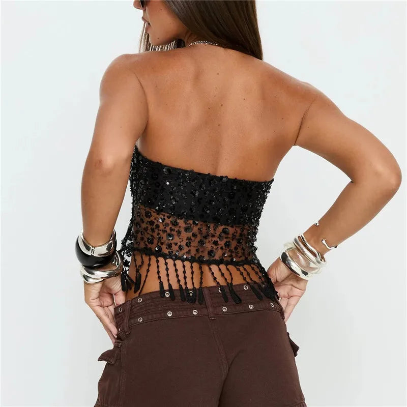 Edgy Black Sequin Mesh Tube Top Women Strapless Sheer Lace Fringe Trim Crop Top for Nightclub Party Rave Outfit