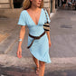 Women Light Blue Midi Dress Deep V Neck Short Sleeve Ruched Waist Asymmetrical Hem Bodycon Dresses Party Club Outfits