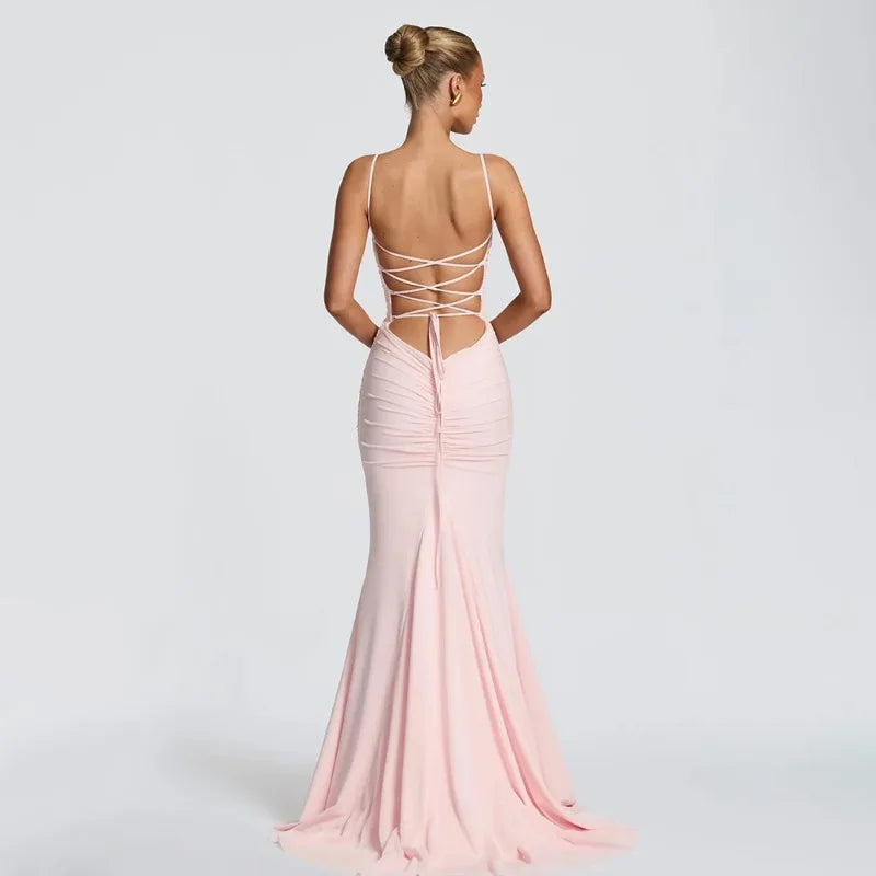 Spaghetti Strap Backless Fishtail Maxi Dresses 2026 Woman Elegant Evening Gown Party Birthday Dress
