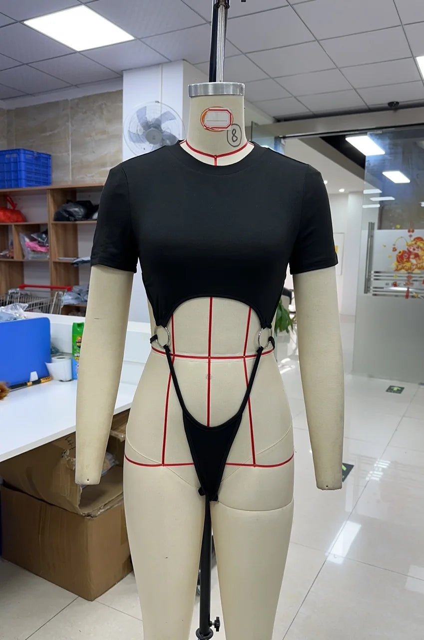 Women Lingerie Thong Jumpsuit Solid Color Short Sleeve Round Neck Slim Fit Bodysuit Rompers Bodycon Sleepwear