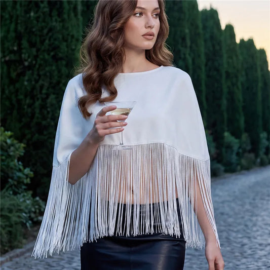 Women Fringe Cape Shawl Round Neck Short Poncho Tassel Hem Capelet Back Zipper Evening Party Cover Up Dressy Outerwear