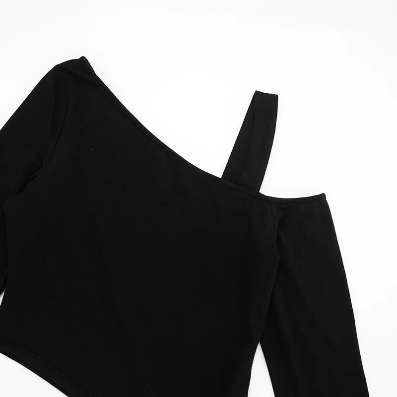 Two Piece Woman Set One Shoulder Long Sleeve Asymmetrical Top and Flare Pants All Black Outfits Sexy