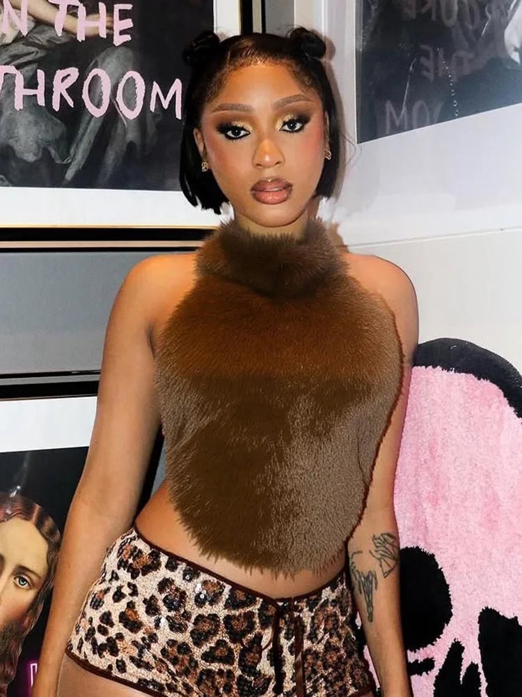 Off Shoulder Sexy Furry Tank Tops Woman Autumn Trend Halter Backless Hottie High Street Fashion Wild Style Classic Vest