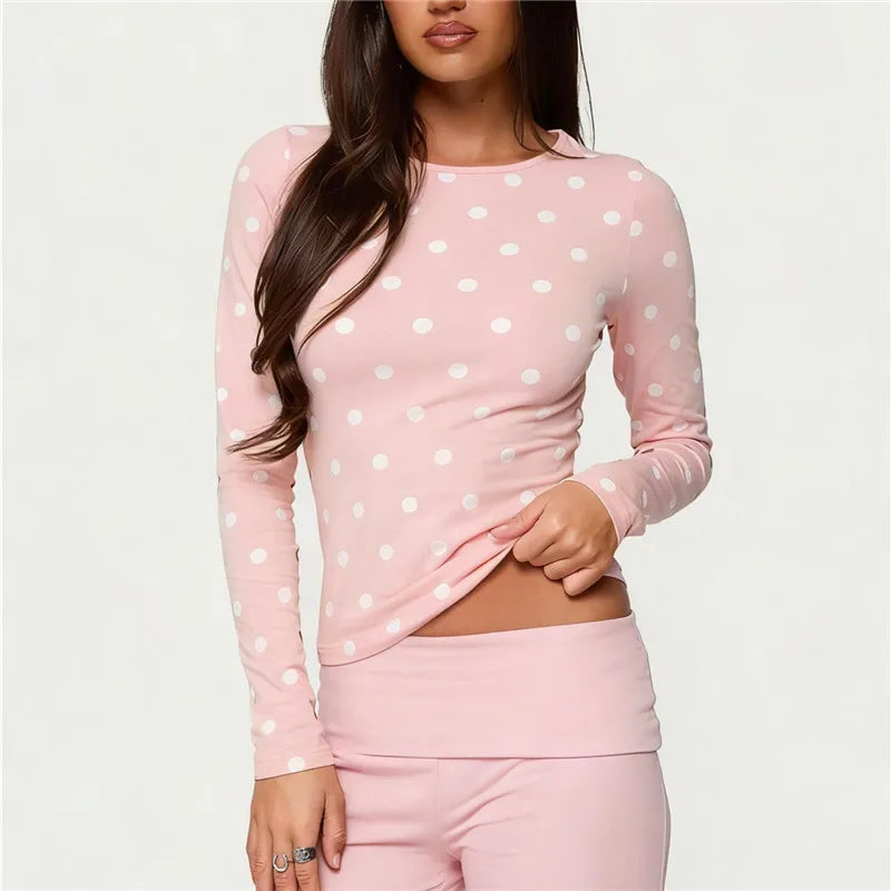 Y2K Coquette Polka Dot Long Sleeve Crew Neck Slim Fitted T-Shirt Crop Top Women Casual Bodycon Spring Fall Streetwear