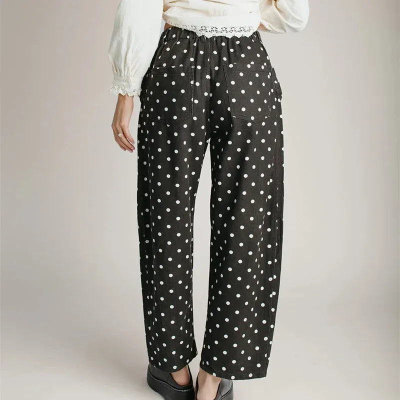 Women Retro Dots Print Cropped Cargo Pants High Waist Multi Pocket Loose Straight Leg Trousers Street Casual Bottoms