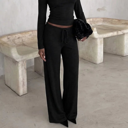 Baggy Sweatpants Cozy Drawstring Lounge Pants Woman Bottoms Casual Wide Leg Trousers Black