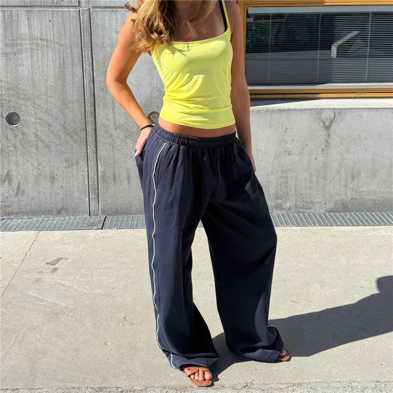 Women Y2K Side Stripe Wide Leg Baggy Sweatpants Elastic Drawstring Waist With Pockets Casual Streetwear Trousers