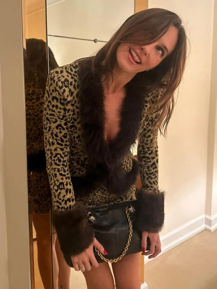 Wild Leopard Print 2Piece Set Woman Autumn Trend Furry Patchwork Full Sleeve Tops+Skinny Mini Skirts Street Style Outfits