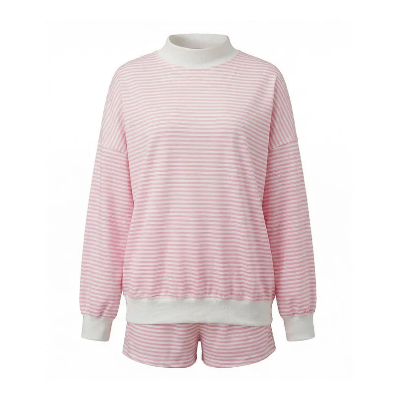 Women Mock Neck Striped Loungewear Two Piece Set Oversized Long Sleeve Sweatshirt And Shorts Casual Pajama Outfit