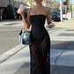 Strapless Bodysuit Detail Maxi Dress in Sheer Lace Black Elegant Dresses for Woman Summer Vacation Outfits