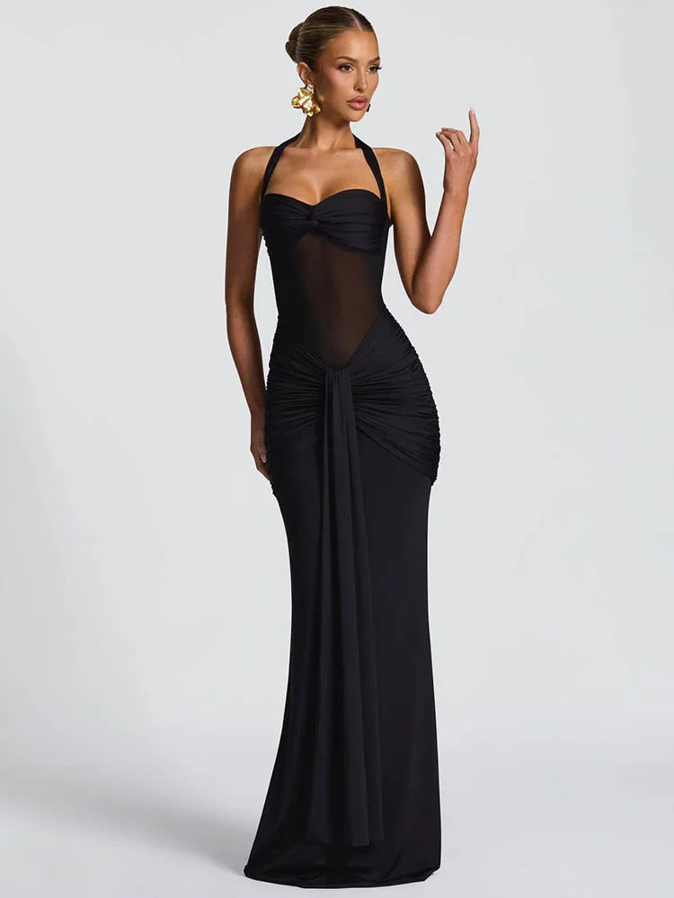 Halter Backless Sexy Maxi Dress Women Fashion Patchwork Off-shoulder Sleeveless Ruched Draped Bodycon Club Party Dress